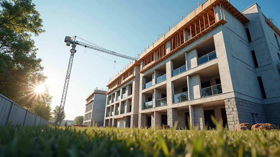 Eye-level view of a modern residential building under construction in Ontario