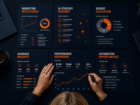 Overhead view of six local marketing intelligence audit reports and data visualizations for small businesses