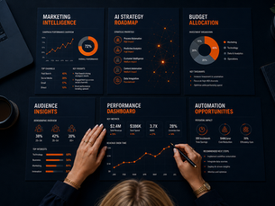 Overhead view of six local marketing intelligence audit reports and data visualizations for small businesses