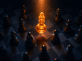Chess board with elevated orange piece representing competitor intelligence strategy for local businesses
