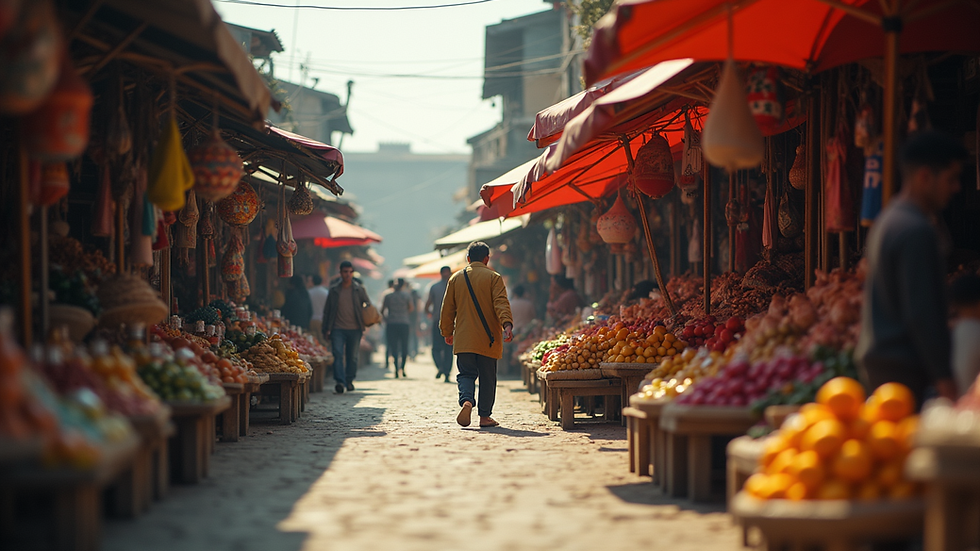 Eye-level view of a vibrant local market bustling with activity