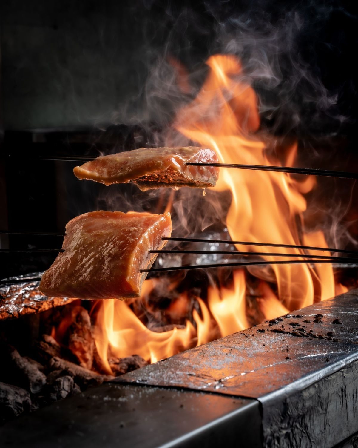 Salmon over open flame
