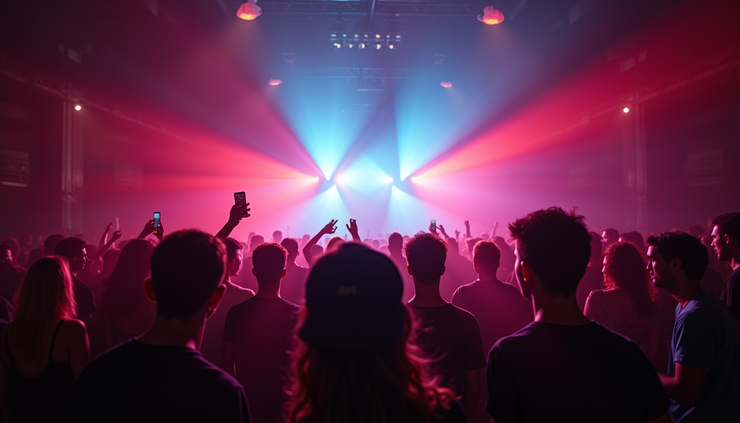 Eye-level view of a crowded warehouse rave with colorful lights and fog