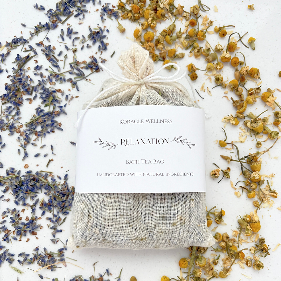 Koracle Wellness Relaxation Bath Tea Bag surrounded by organic dried Lavender and Chamomile flowers