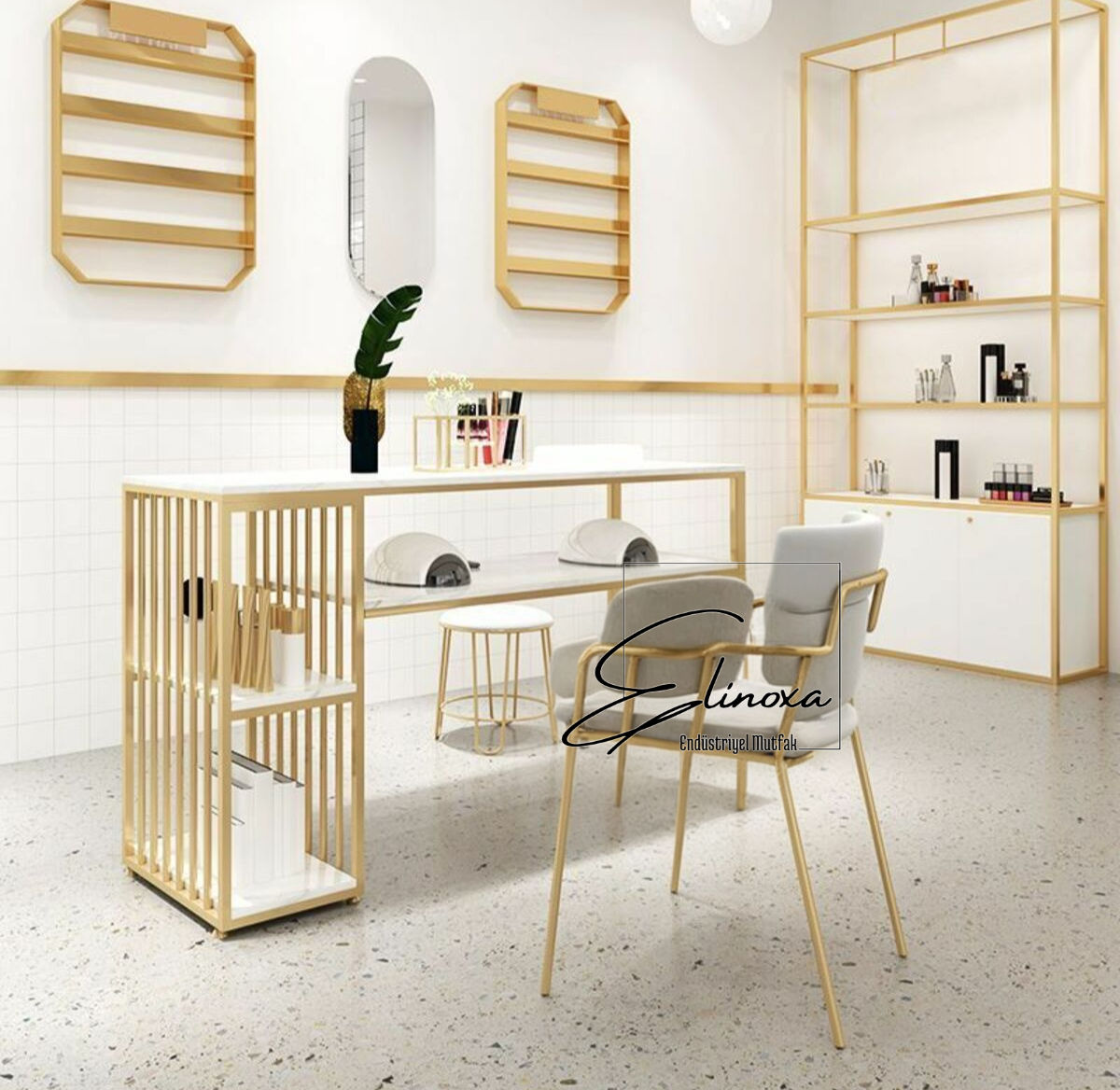 720-0166 3 Raflı Makyaj Masası Metal Manikür Masası