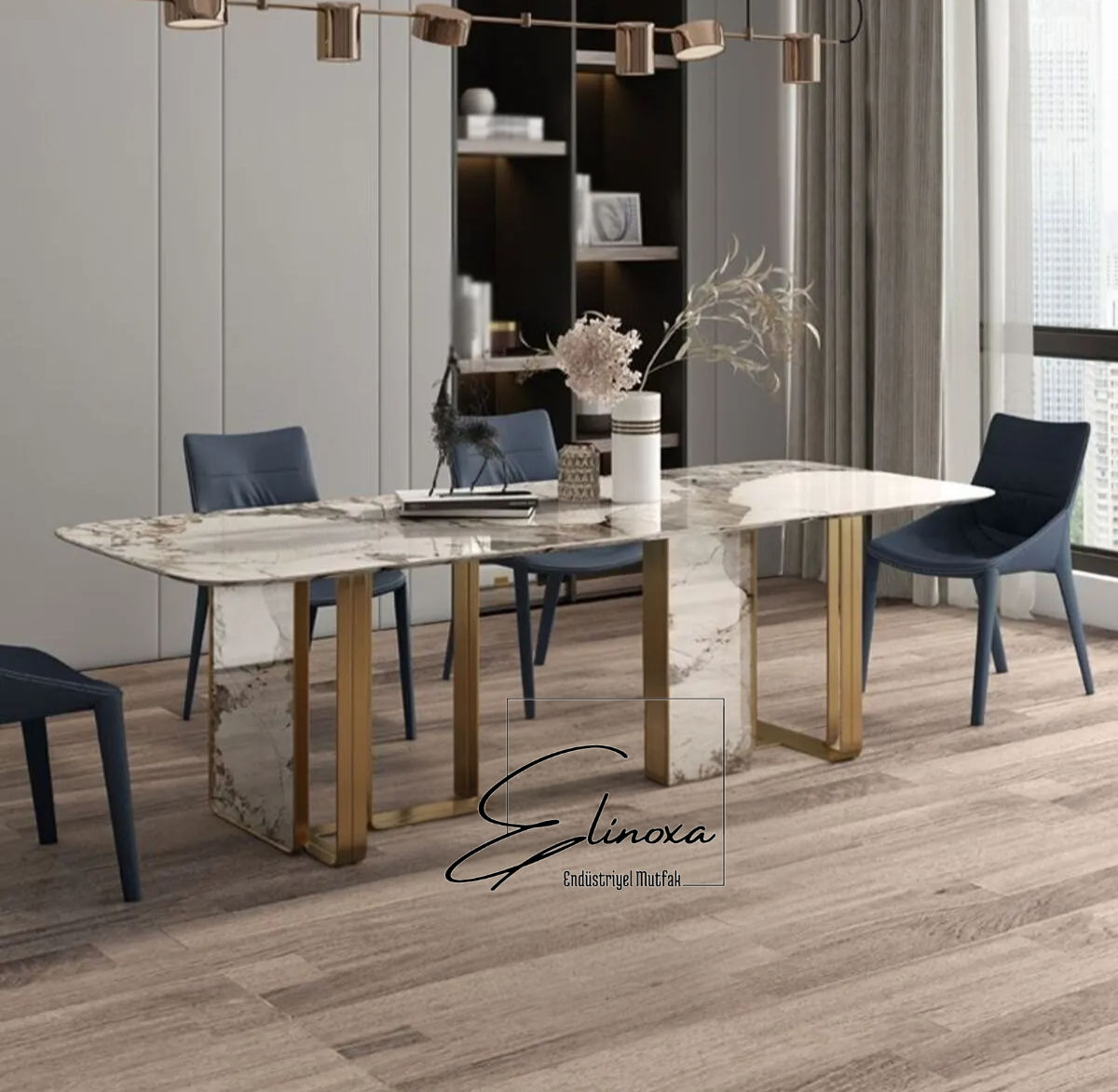 720-0128 Sağlam Metal Ayaklı Ahşap Detaylı Yemek Masası Toplantı Masası
