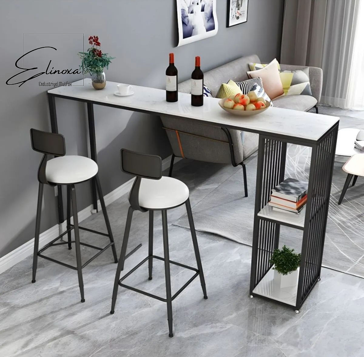 720-0134 Mutfak Adası 2 Raflı Metal Bar Masası Mutfak Masası