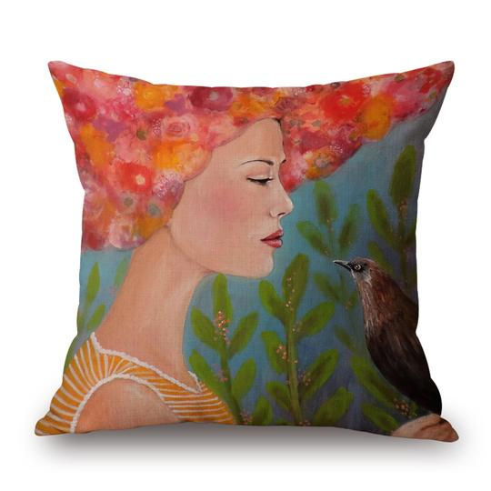 Girl With Bird Cushion With Filler (DT)