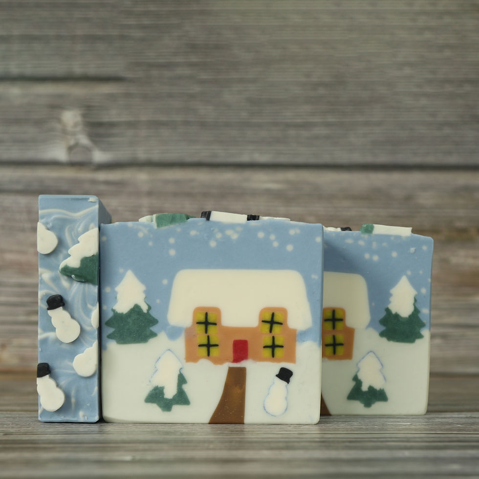 Thumbnail: Examples of luxury handmade soap in a Winter scene using Cottage embed mould