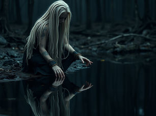 Frau mit Dreadlocks blickt in dunkles Wasser – Schattenarbeit und Reinigung als Weg zur Illumination