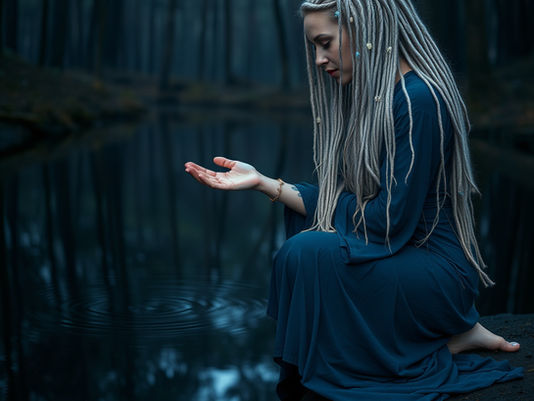 Frau mit Dreads im dunklen Wald — Hexakademie Magie und Fülle