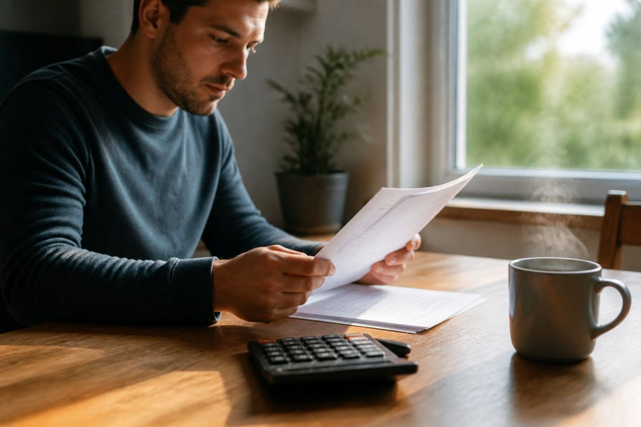 A person in comfortable clothing reviewing a printed IRS document at a clean wooden desk with a calculator and a steaming mug of coffee nearby, soft natural window light