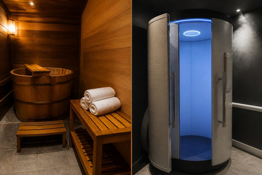 A serene private thermal spa room with a cedar soaking tub, soft ambient lighting, and folded towels on a wooden bench