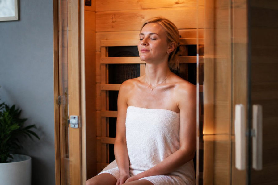A woman relaxing in a modern infrared sauna cabin, eyes closed, with a serene expression and soft ambient lighting