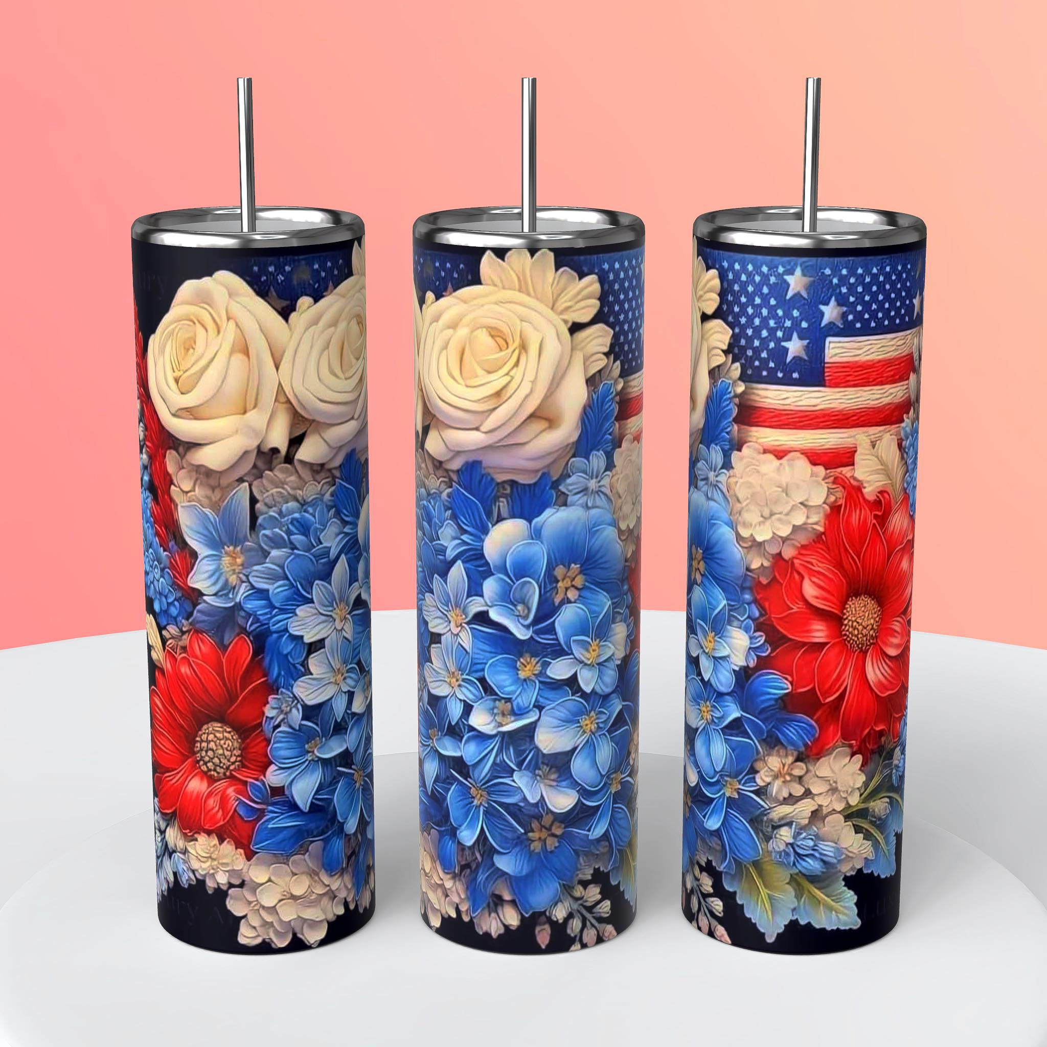 Red White and Blue Floral Tumbler