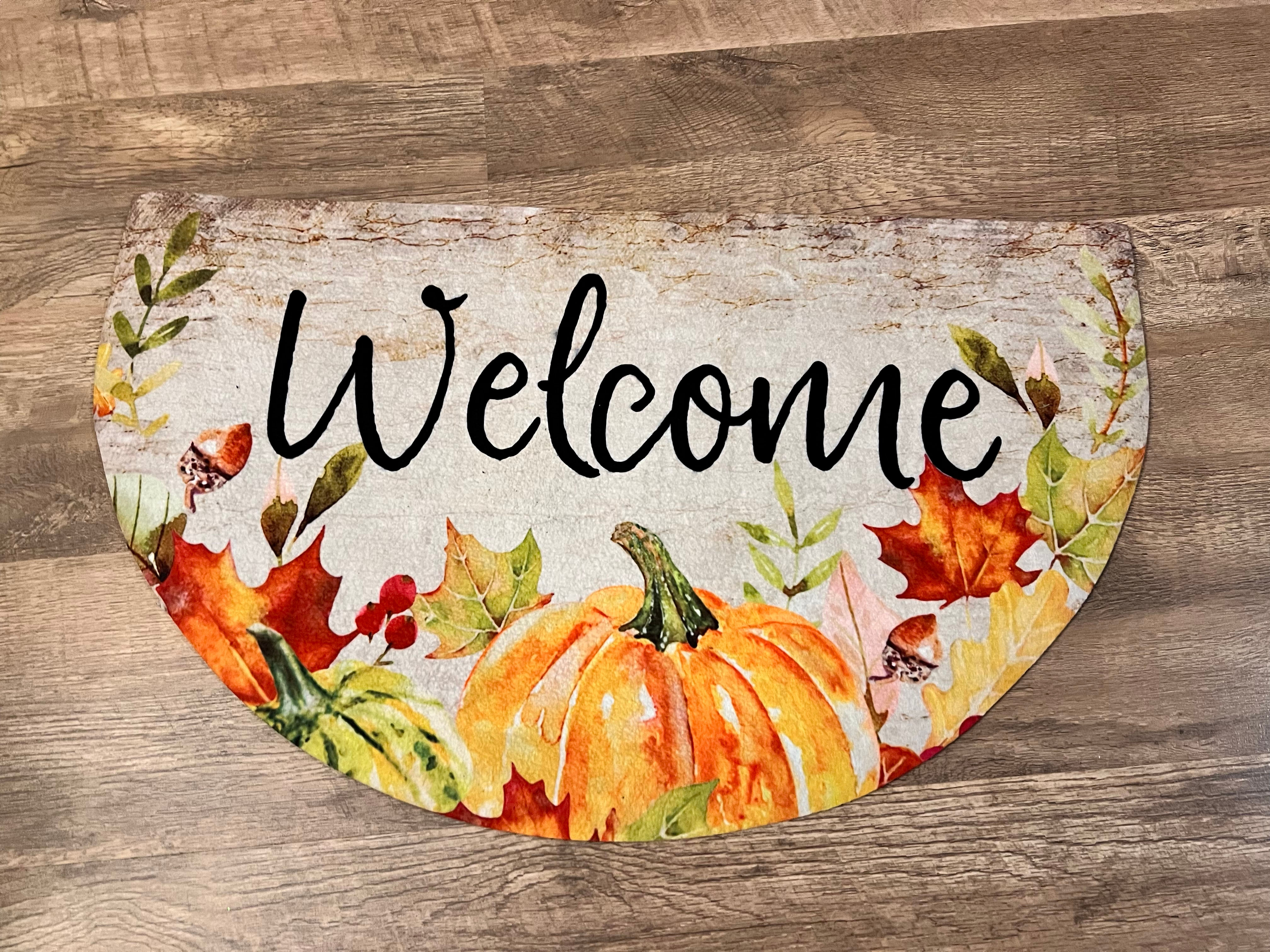 Fall /harvest half moon Welcome mat with pumpkins & leaves