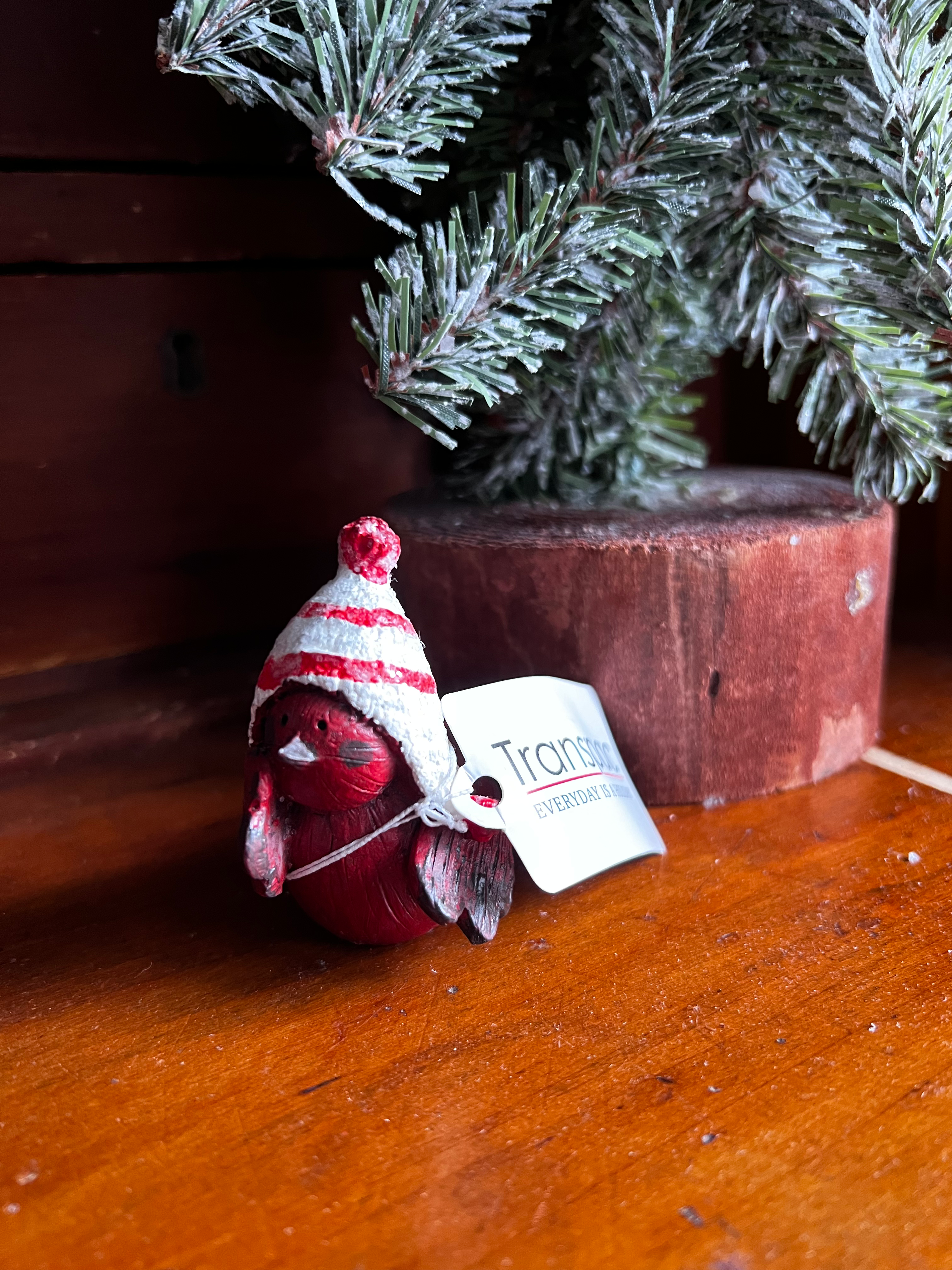 New Transpac Resin 2.25 in. Red Christmas Striped Hat Bird Figurine