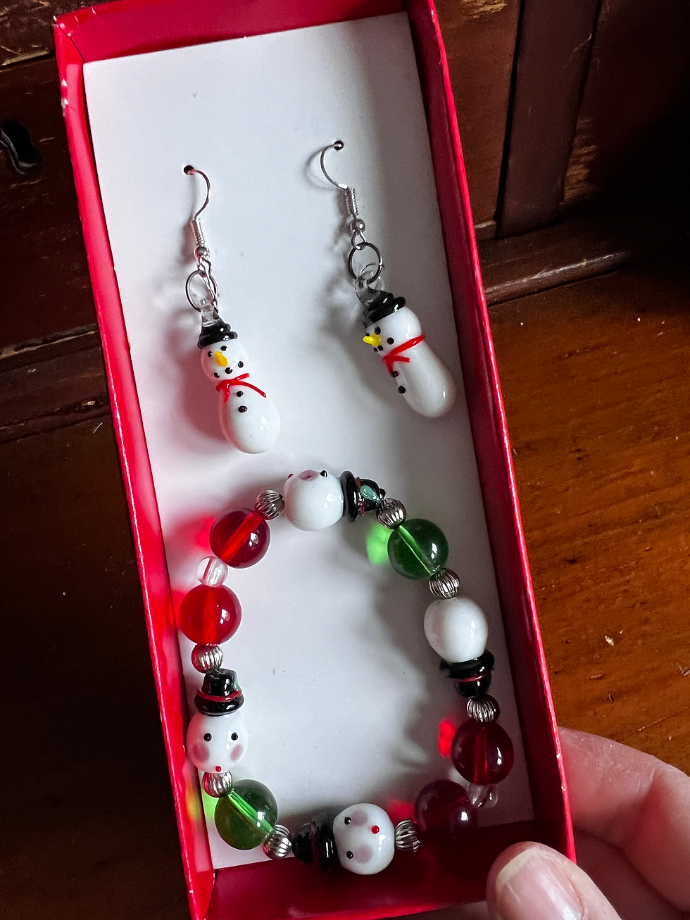Thumbnail: New handcrafted art glass Christmas snowman earrings & bracelet set