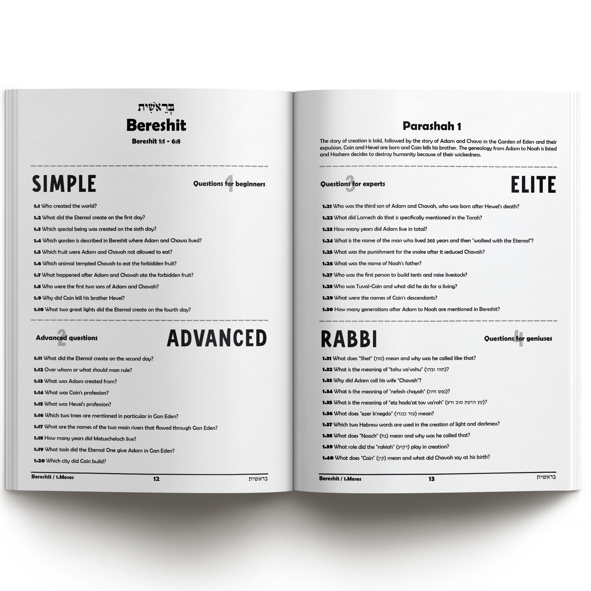 English inside page of the Torah Quiz with questions on Bereshit בְּרֵאשִׁית from beginner to Rabbi level