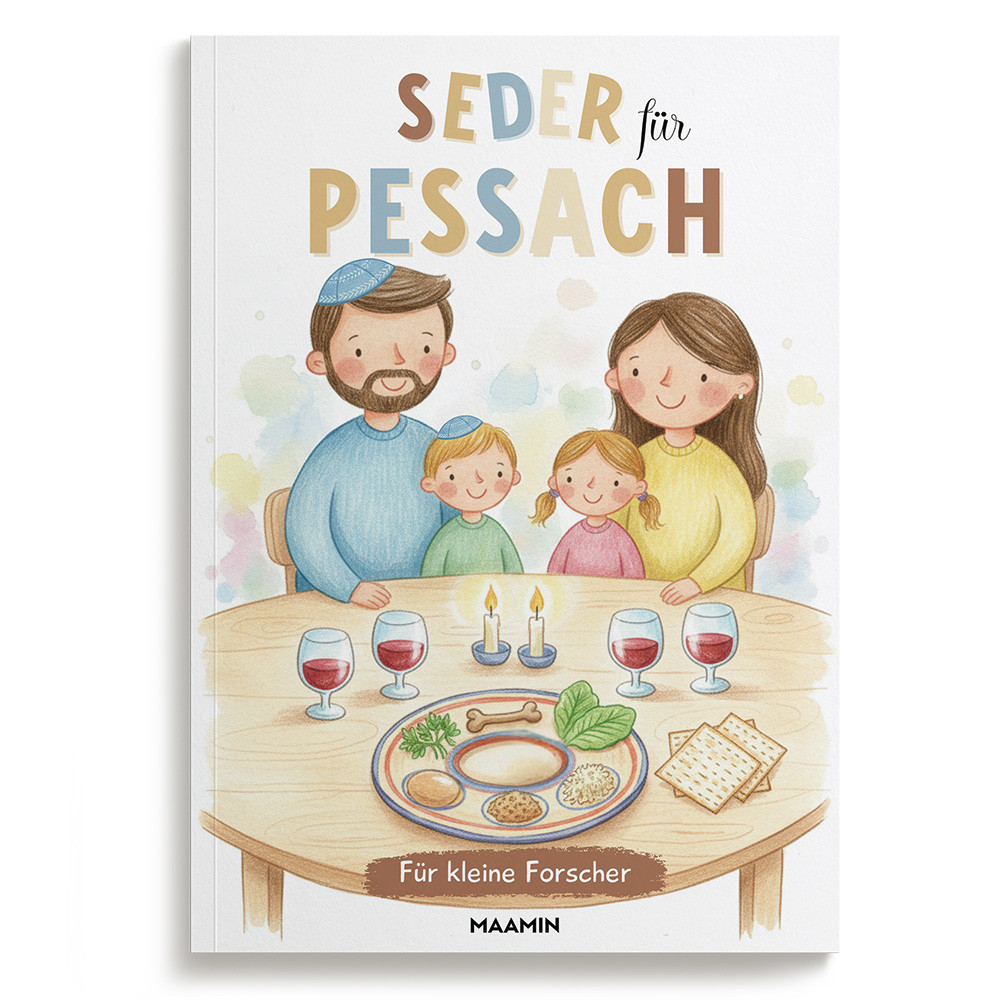 Cover der Pessach-Haggada für Kleinkinder zeigt eine Familie am Sederabend mit Sederplatte und Kerzen