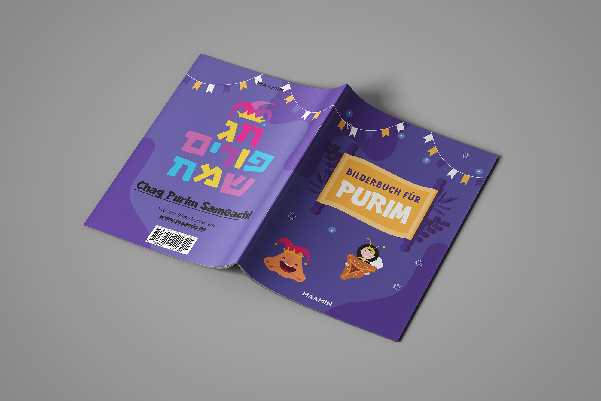 Open picture book for Purim in A5 format showing robust pages ideal for reading to toddlers