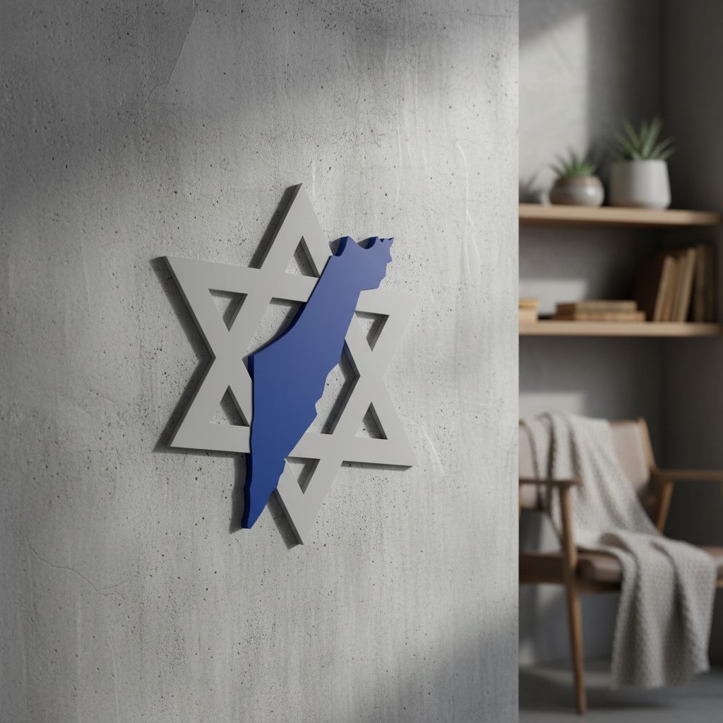Israel Wandkranz als Davidstern Deko an einer grauen Sichtbetonwand in einem modernem Wohnzimmer
