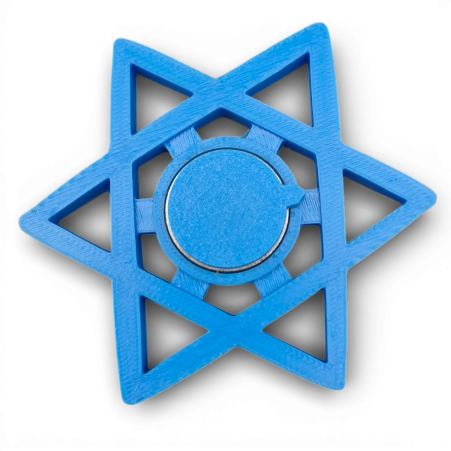 Draufsicht auf den blauen Fidget-Spinner Davidstern als robustes Judaica Spielzeug für mehr Konzentration