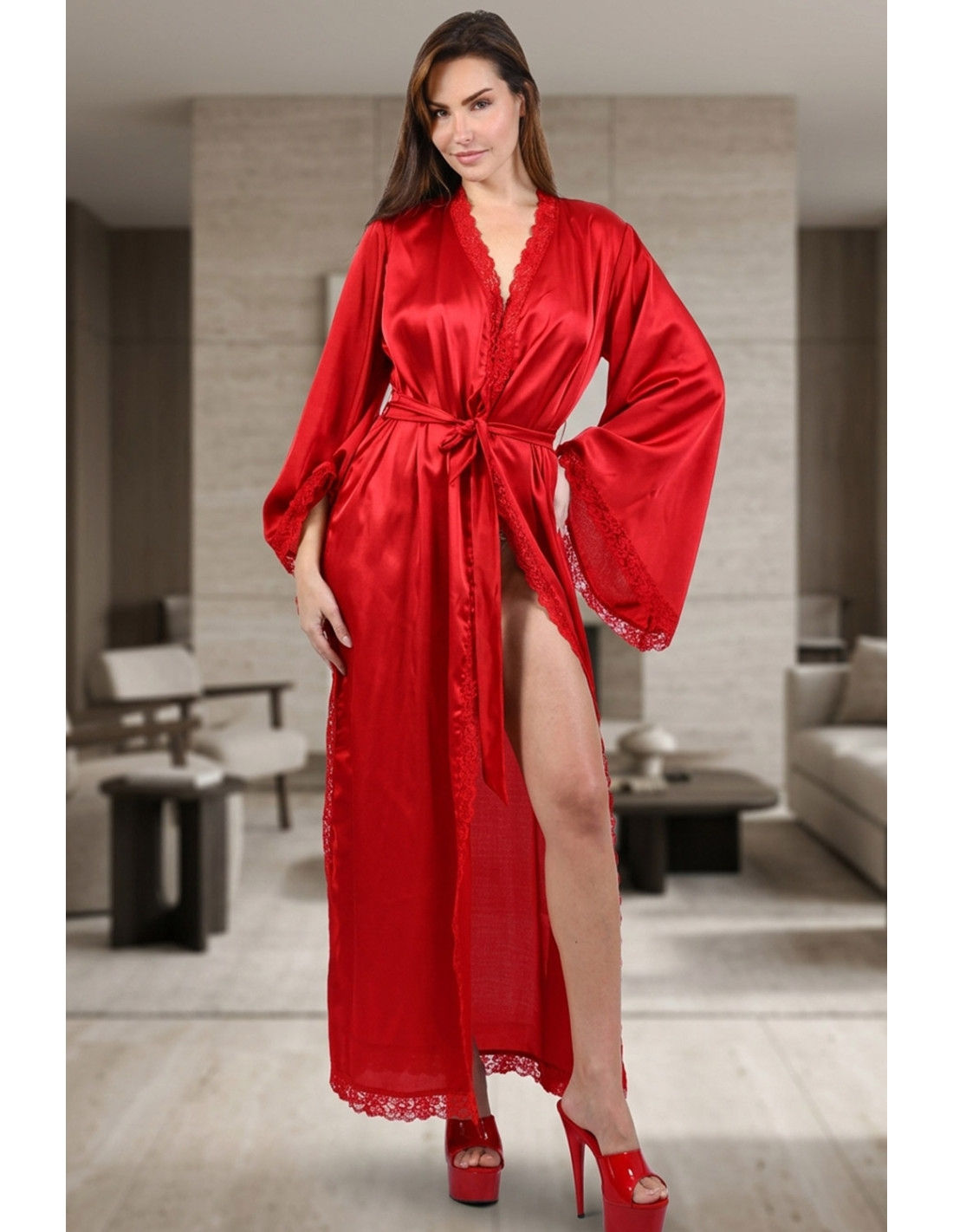 Peignoir long satin dentelle rouge