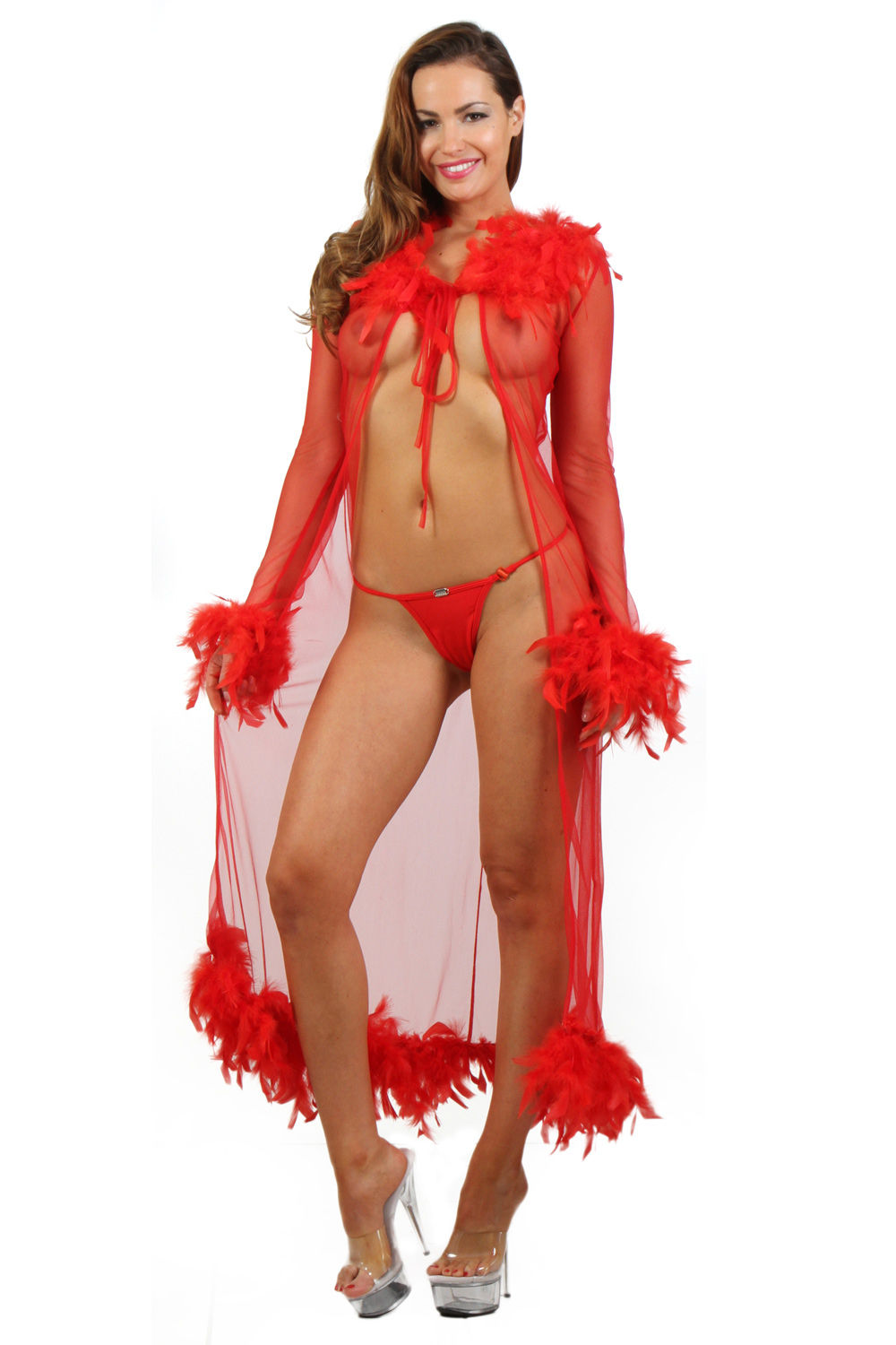 Déshabillé long plume rouge