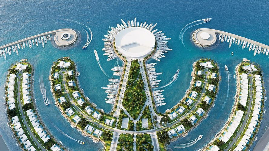 Artificial island development with luxury towers and yacht marina, showcasing the massive Batumi property market growth and unique Georgia investment projects.