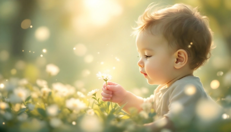 A baby in a chamomile field symbolizing the future of ESG real estate projects in Batumi and the Georgia green economy, supported by eco-friendly infrastructure projects and smart city solutions.