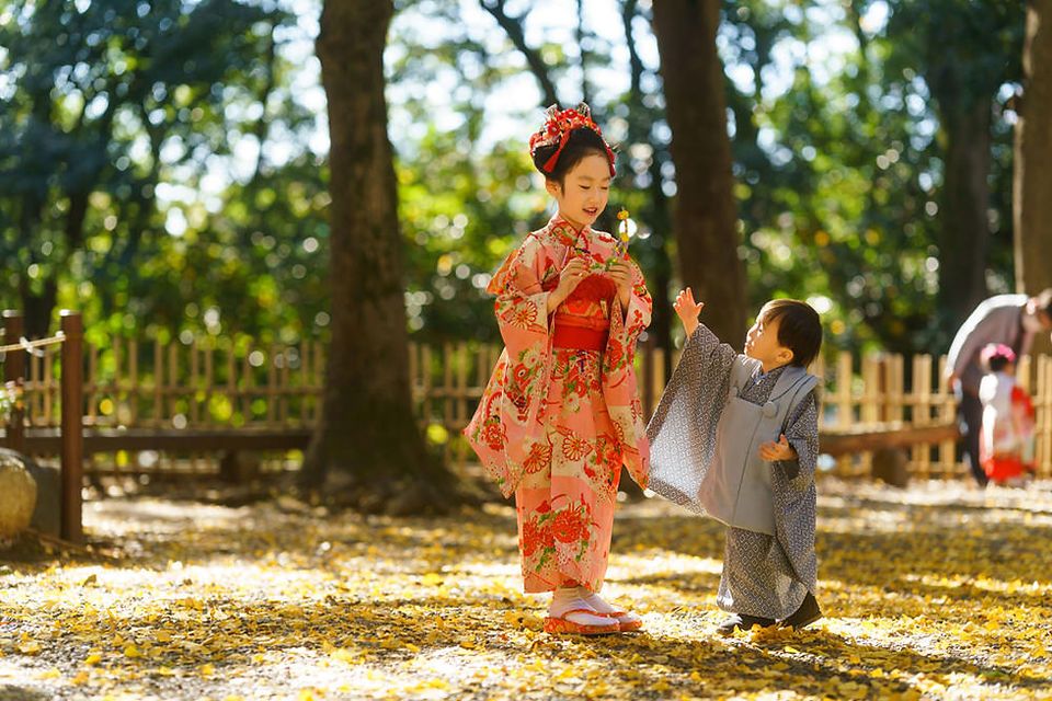 七五三の着物姿で落ち葉に覆われた参道を歩く姉弟。世田谷八幡宮での秋らしい記念撮影
