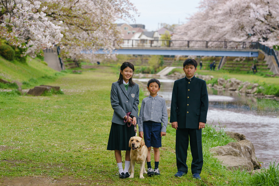 桜並木と川の風景を背景に、兄妹と犬が並んで立つ春の記念撮影