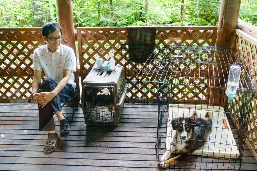 軽井沢の別荘テラスで愛犬と一緒に過ごす新郎、和装前撮りの準備時間
