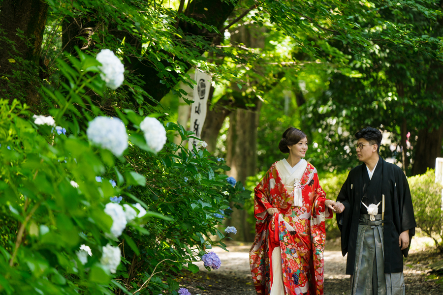紫陽花咲く小径を手をつなぎながら歩く新郎新婦