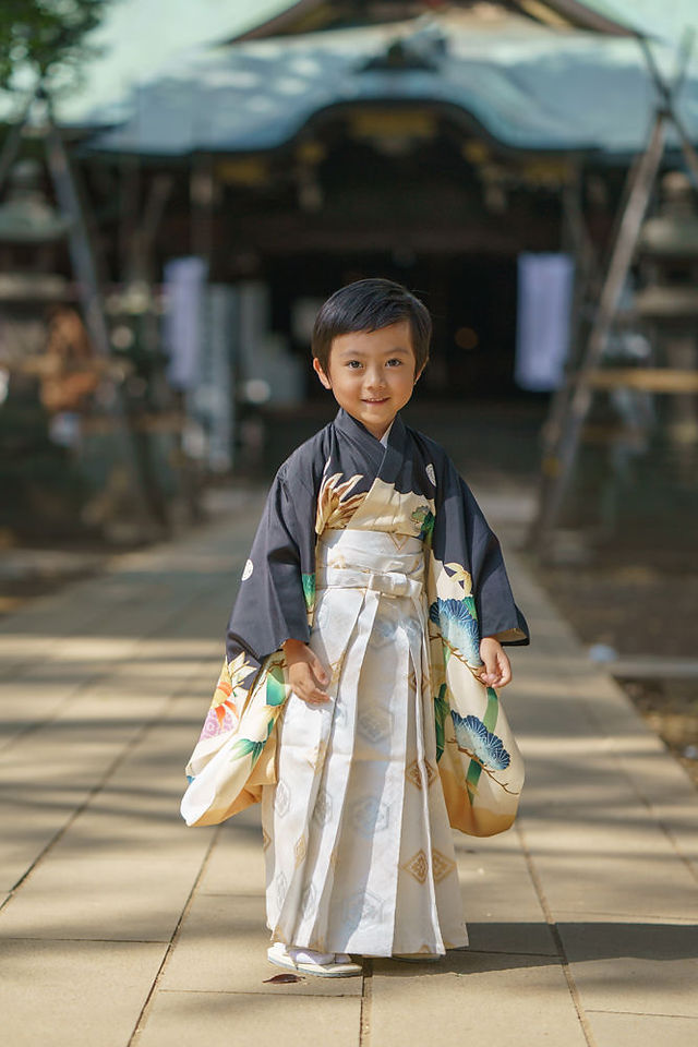 鬼子母神の本殿前で撮影した5歳男の子の七五三記念写真。凛々しい着物姿を自然光で残す出張撮影｜雑司が谷
