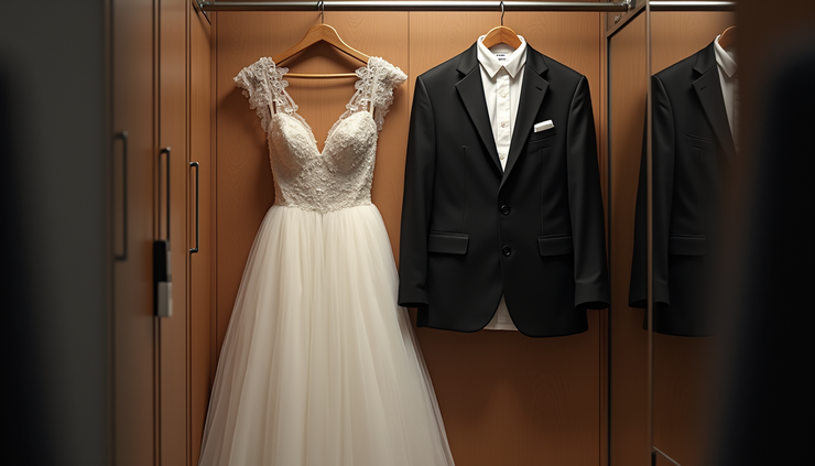 High angle view of a neatly hung prom dress and suit in a dressing room