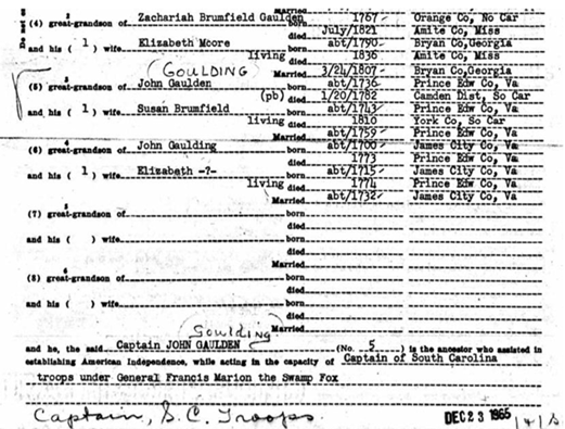The DAR does not recognize a Captain John Gaulden.