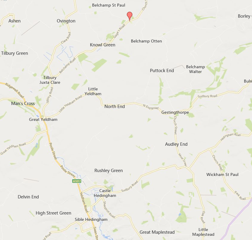 Map showing the distance between Belchamp St. Paul in Essex to Castle Hedingham, the seat of the De Vere family