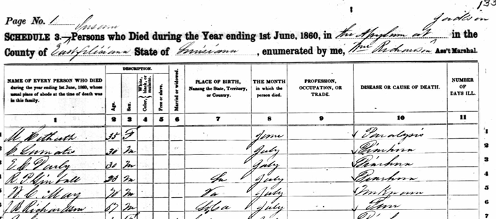 James Brumfield Richardson died in the Louisiana State Insane Asylum in July 1859