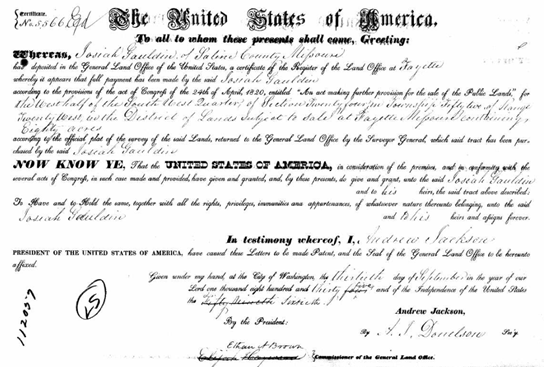U.S., General Land Office Records, 1776-2015 for Josiah Gauldin, Missouri, Saline (7)