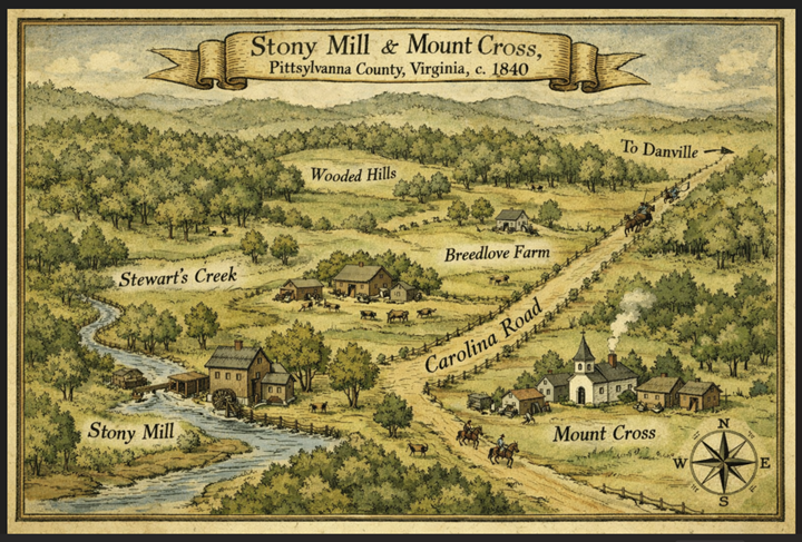 "Illustrated reconstruction of the Gauldin family land cluster, northwestern Pittsylvania County, Virginia, circa 1840. Stewart's Creek (left) and the Carolina Road (right) formed the principal natural and transportation boundaries of the settlement. The Gauldin, Breedlove, Tarpley, and Beck holdings clustered tightly within this corridor. Stony Mill community is shown at center. Positions are approximate, based on deed book adjacency descriptions (DB 9:208, 30:548, 35:379, 43:58). Not to survey scale."