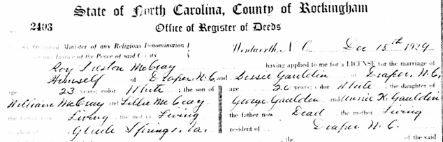 Marriage Record of Bessie Gauldin and Roy Preston McCray (2)