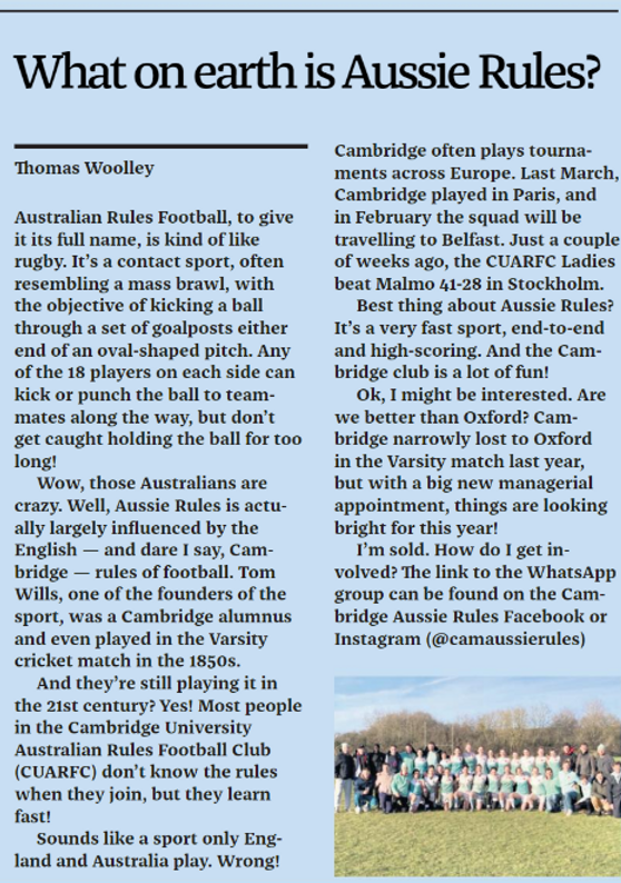 Varsity Article Written about CUARFC