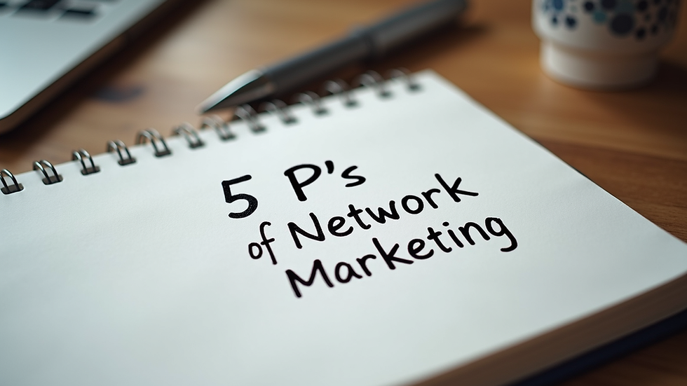 Close-up view of a notebook with the 5 P's of network marketing written on it