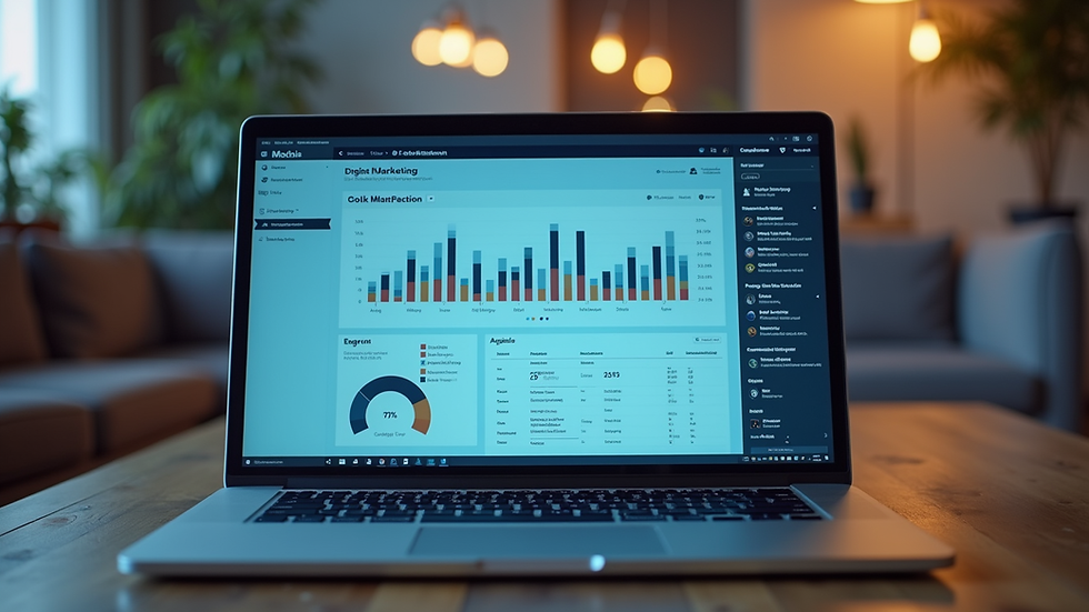 Eye-level view of a laptop screen showing a digital marketing dashboard