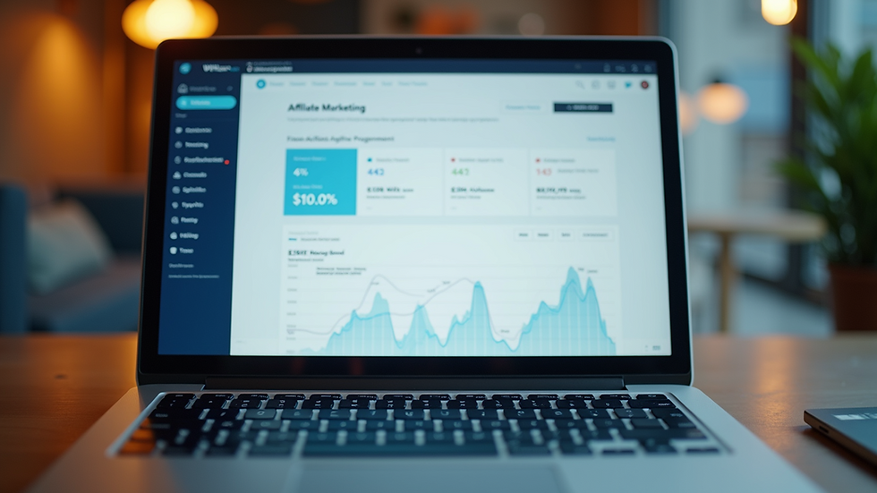 Eye-level view of a laptop screen displaying affiliate marketing dashboard