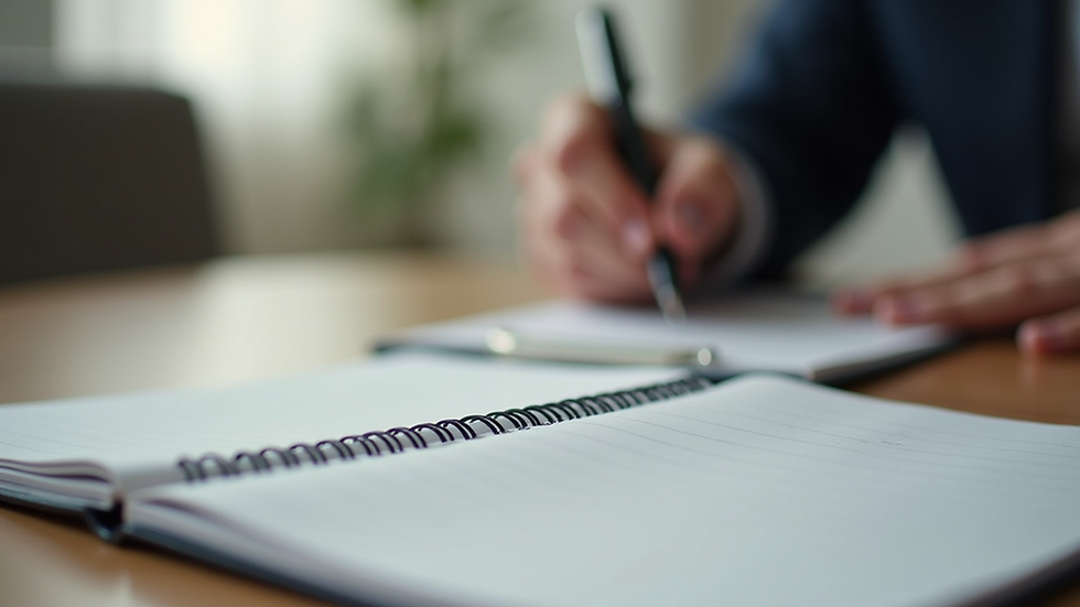 Close-up view of a notebook and pen on a table during an interview