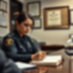 Police officer writes in a notebook during a serious office meeting, with a world map and framed certificates on the wall.
