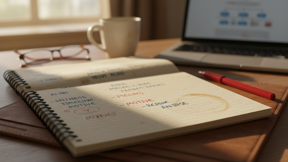 Close-up view of a notebook with notes from an investigative interview